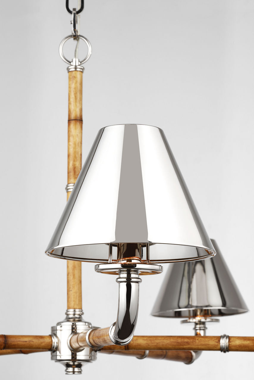 Dalfern Large Chandelier | Waxed Bamboo and Polished Nickel | Polished Nickel Shades