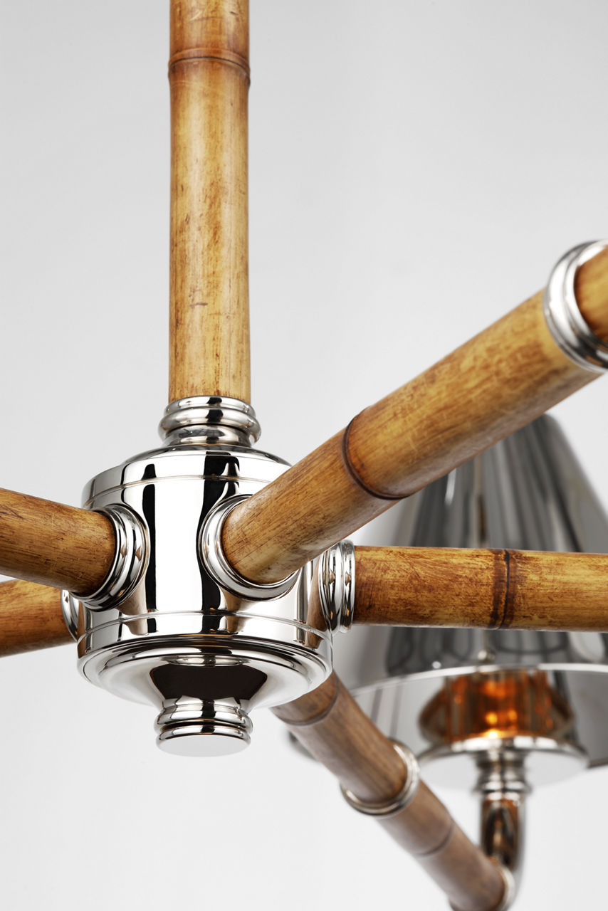 Dalfern Large Chandelier | Waxed Bamboo and Polished Nickel | Polished Nickel Shades