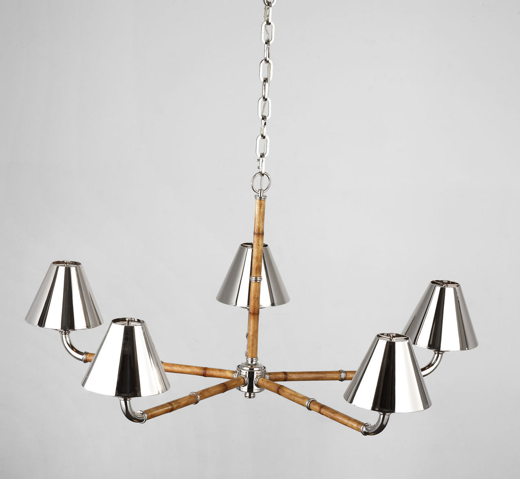Dalfern Large Chandelier | Waxed Bamboo and Polished Nickel | Polished Nickel Shades