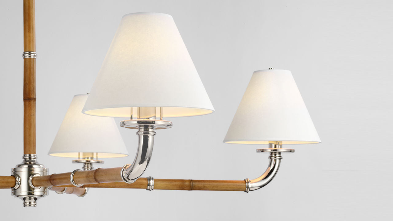 Dalfern Large Chandelier | Waxed Bamboo and Polished Nickel | White Parchment Shades