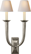 French Deco Horn Double Sconce | Antique Nickel | Natural Paper Shades