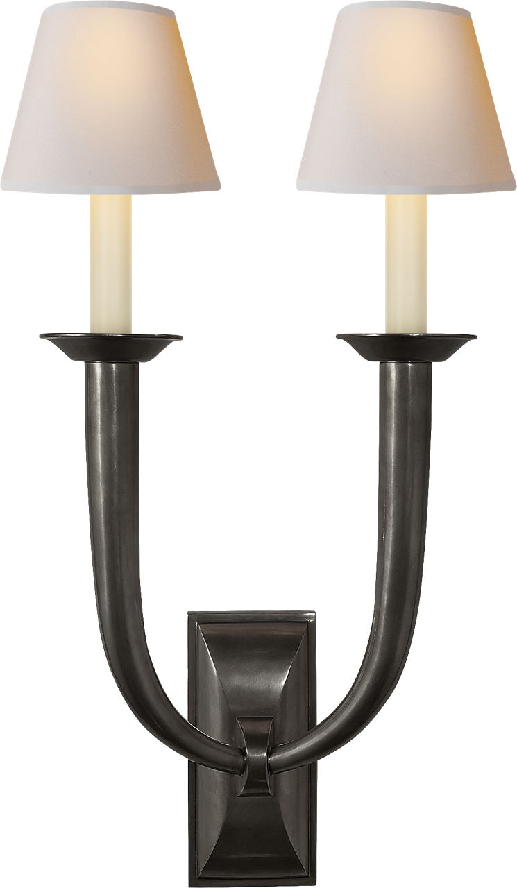 French Deco Horn Double Sconce | Bronze | Natural Paper Shades