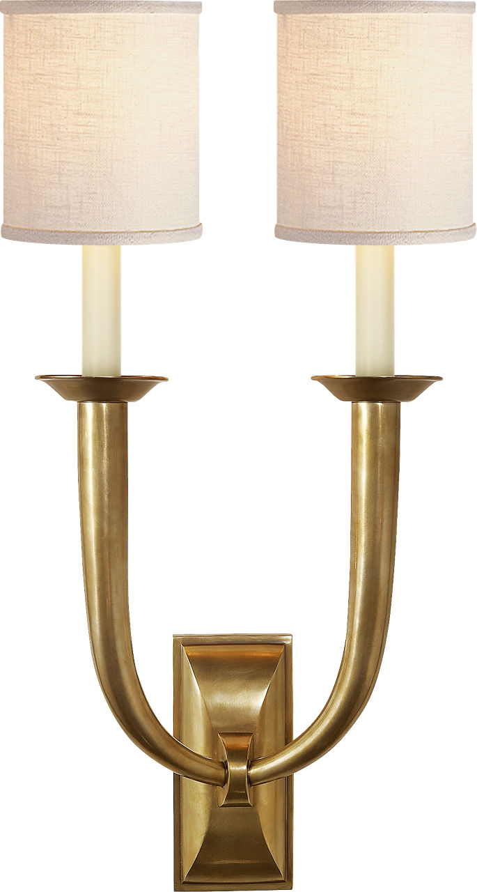 French Deco Horn Double Sconce | Hand-Rubbed Antique Brass | Linen Shades