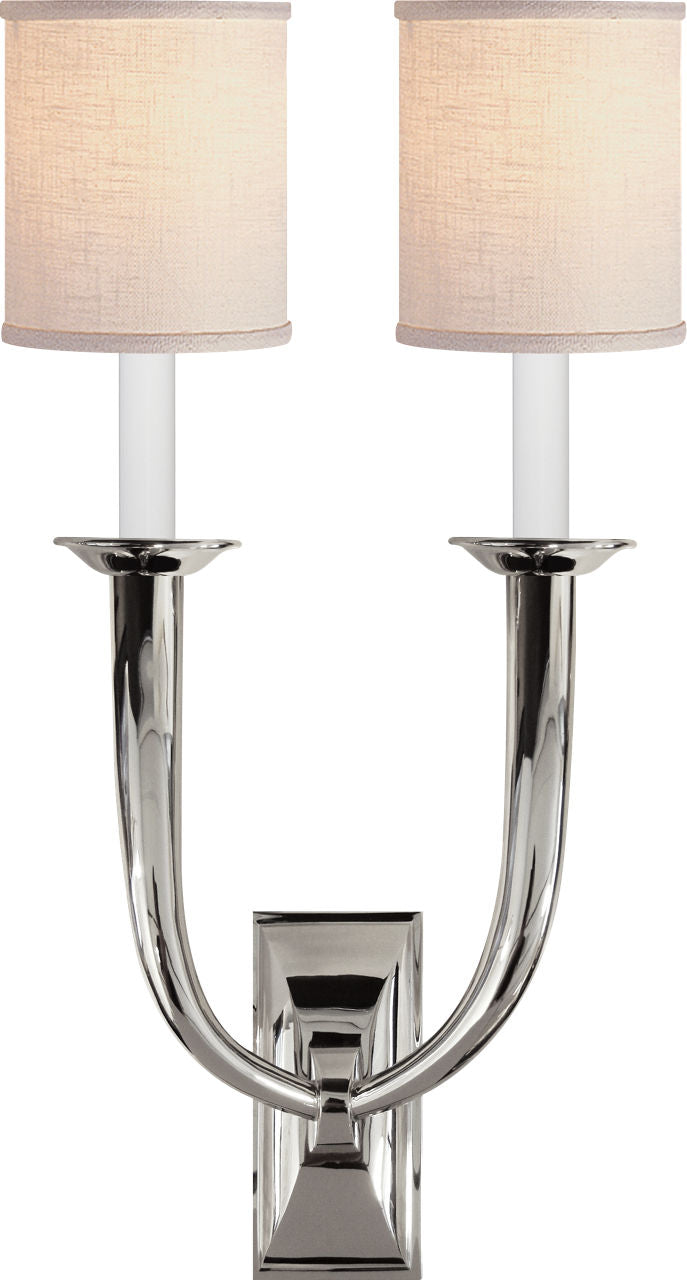 French Deco Horn Double Sconce | Polished Nickel | Linen Shades