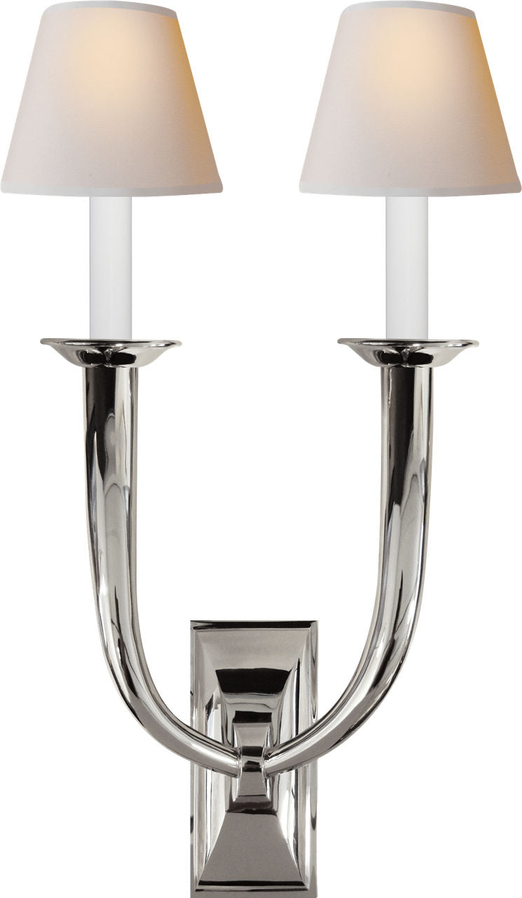 French Deco Horn Double Sconce | Polished Nickel | Natural Paper Shades
