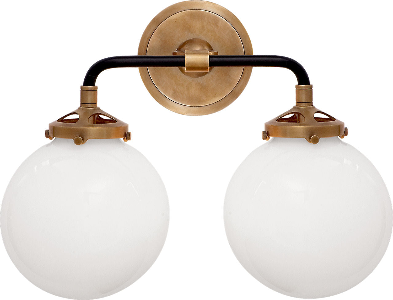 Bistro Double Light Curved Sconce | Hand-Rubbed Antique Brass and Black | White Glass