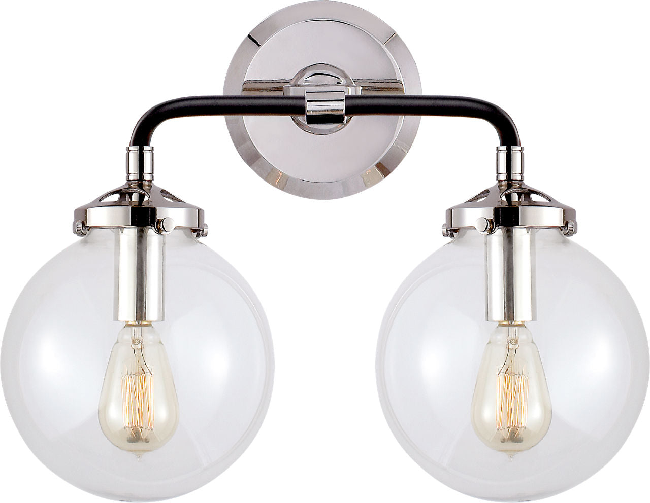 Bistro Double Light Curved Sconce | Polished Nickel and Black | Clear Glass
