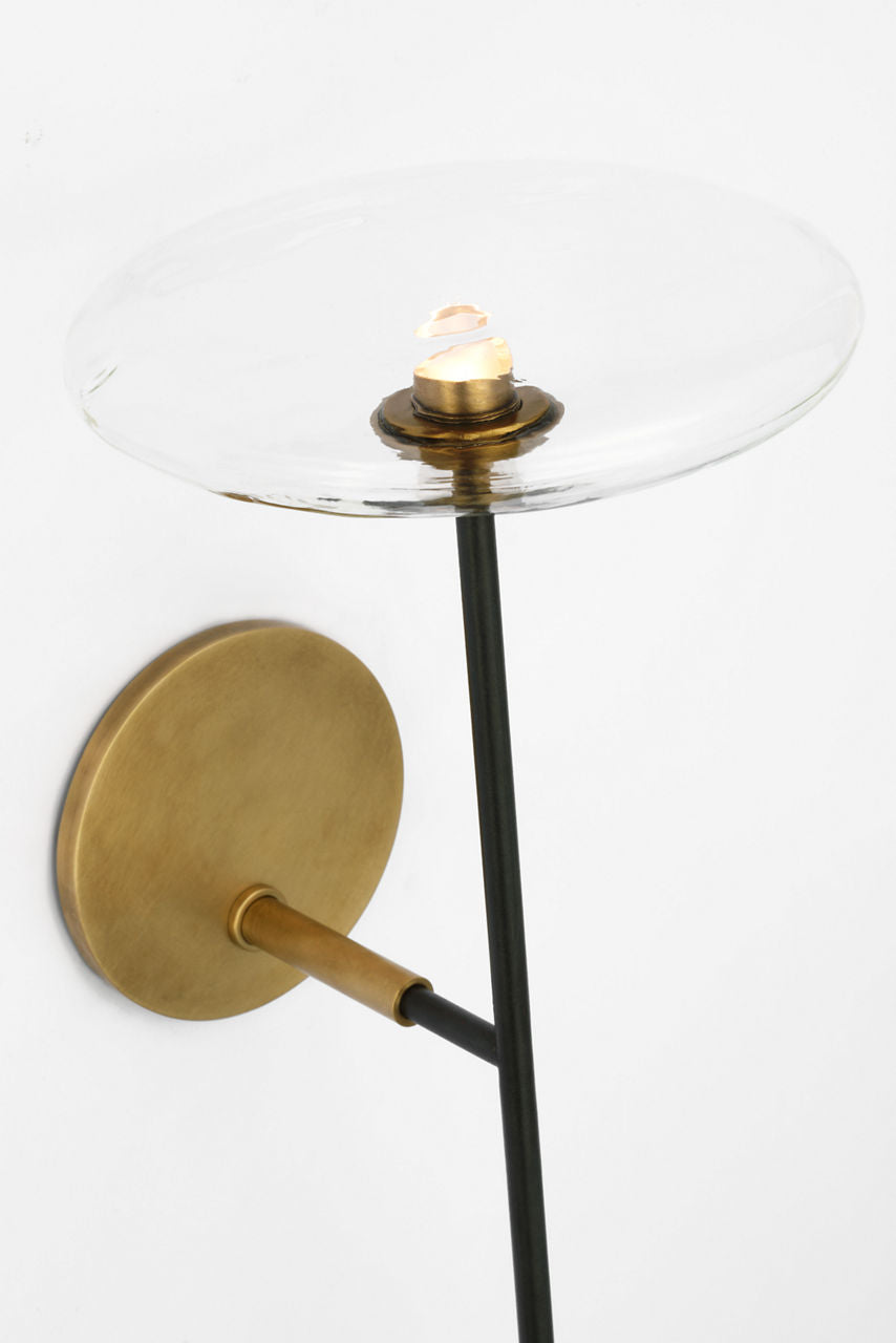 Calvino Large Tail Sconce | Aged Iron and Hand-Rubbed Antique Brass | Clear Glass