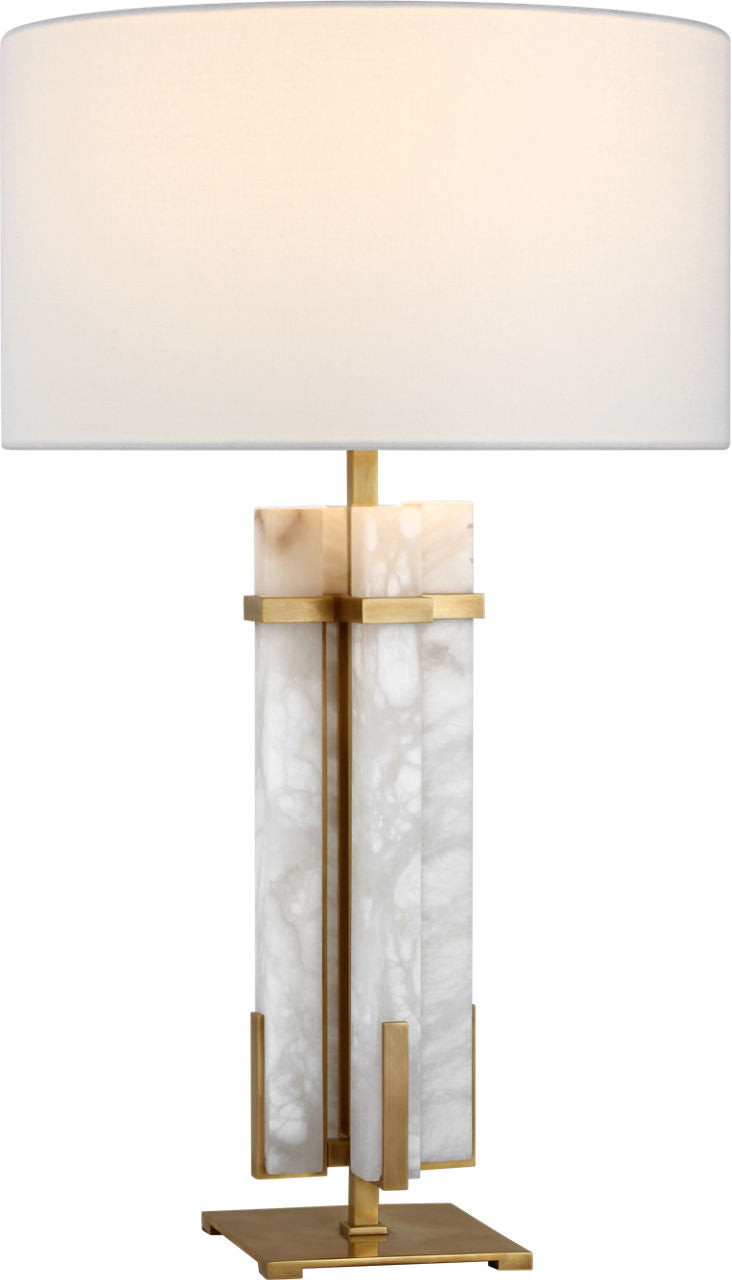 Malik Large Table Lamp | Hand-Rubbed Antique Brass and Alabaster | Linen Shade