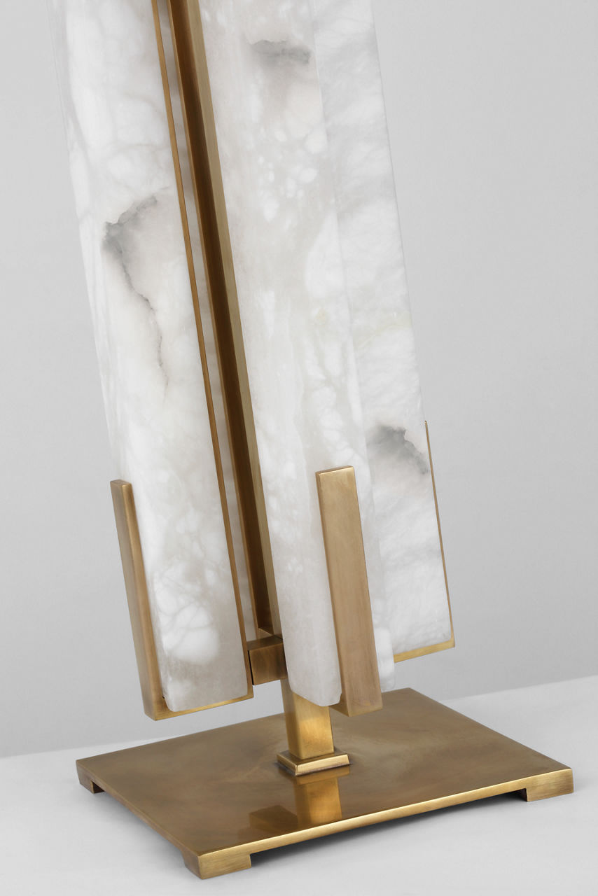 Malik Large Table Lamp | Hand-Rubbed Antique Brass and Alabaster | Linen Shade