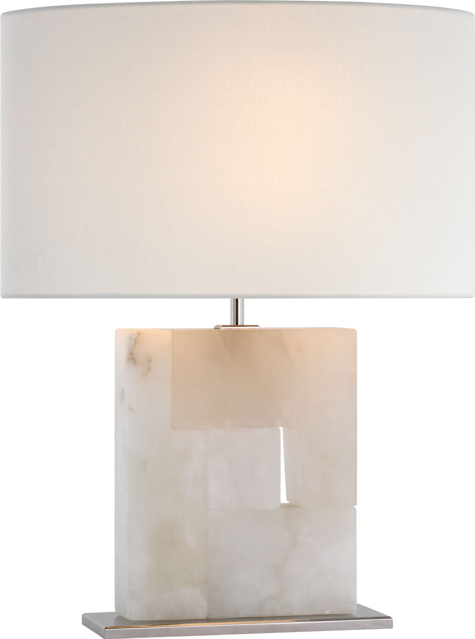 Ashlar Medium Table Lamp | Alabaster and Polished Nickel | Linen Shade
