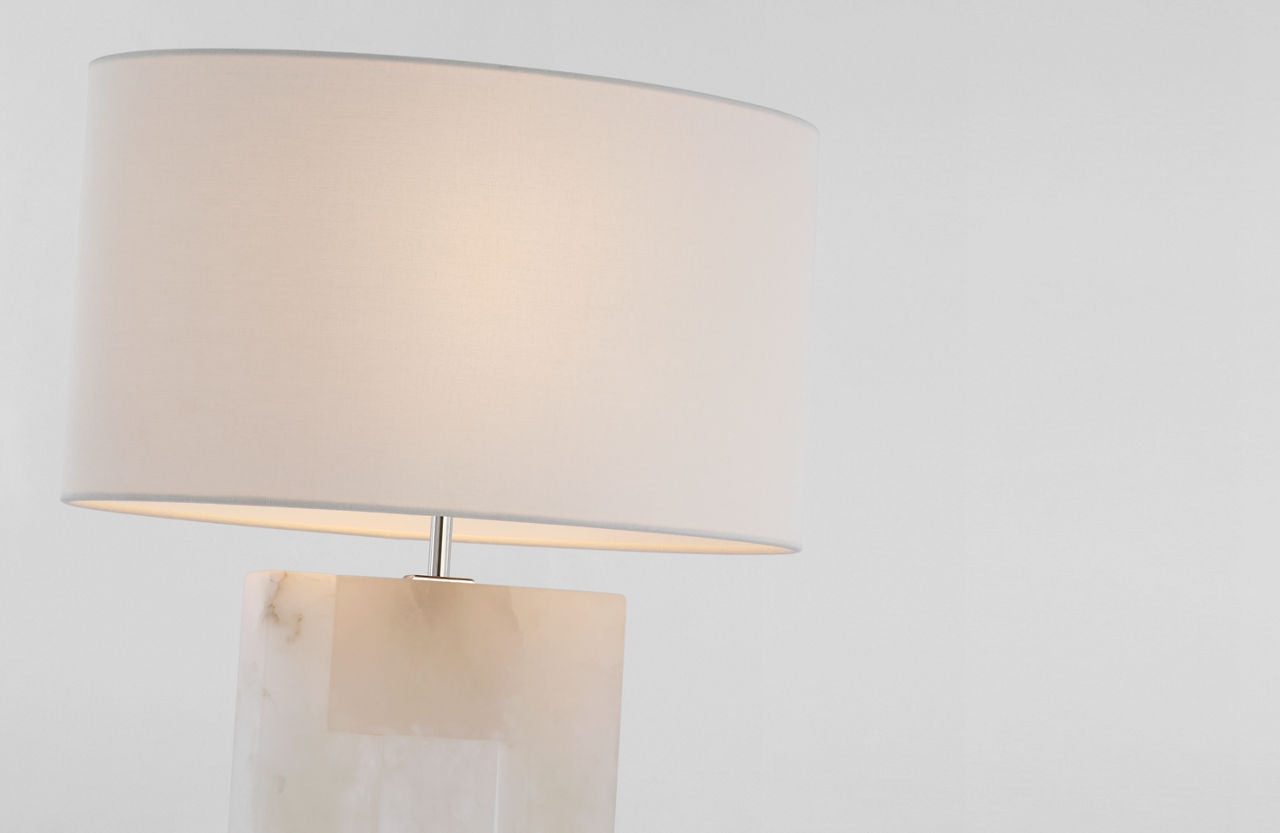 Ashlar Medium Table Lamp | Alabaster and Polished Nickel | Linen Shade