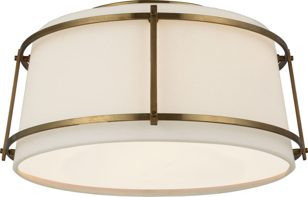 Callaway Small Flush Mount | Hand-Rubbed Antique Brass | Linen Shade and Frosted Acrylic Diffuser