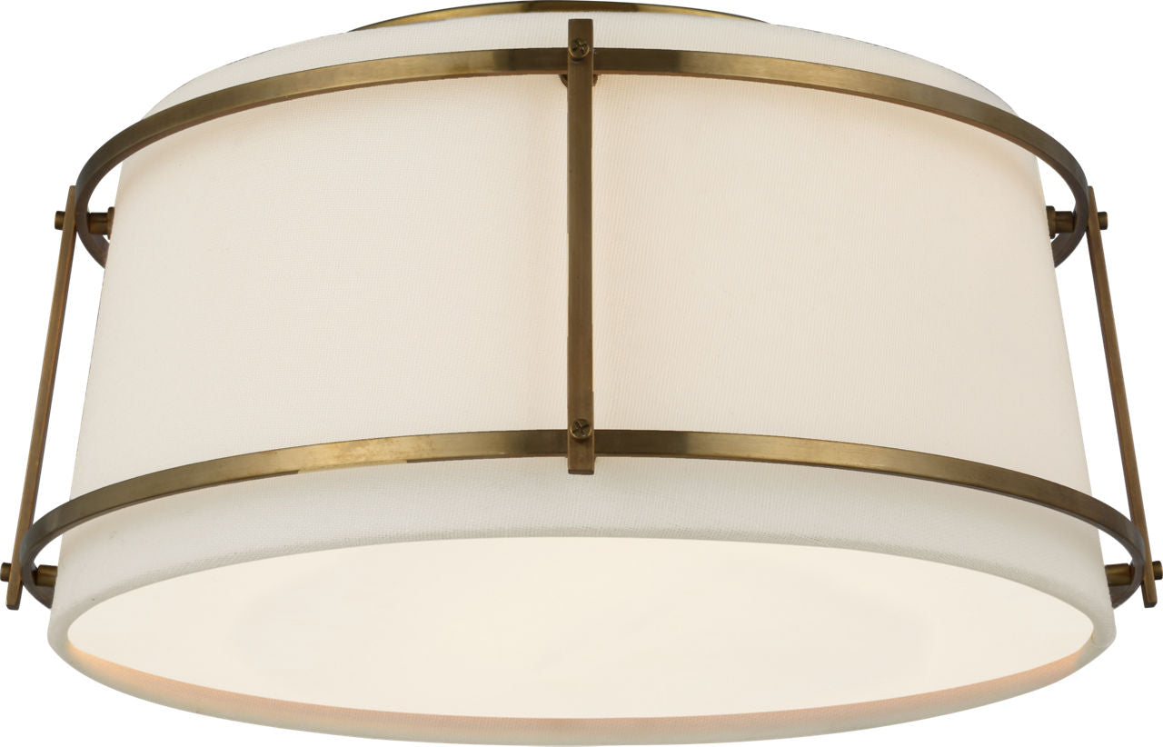Callaway Small Flush Mount | Hand-Rubbed Antique Brass | Linen Shade and Frosted Acrylic Diffuser