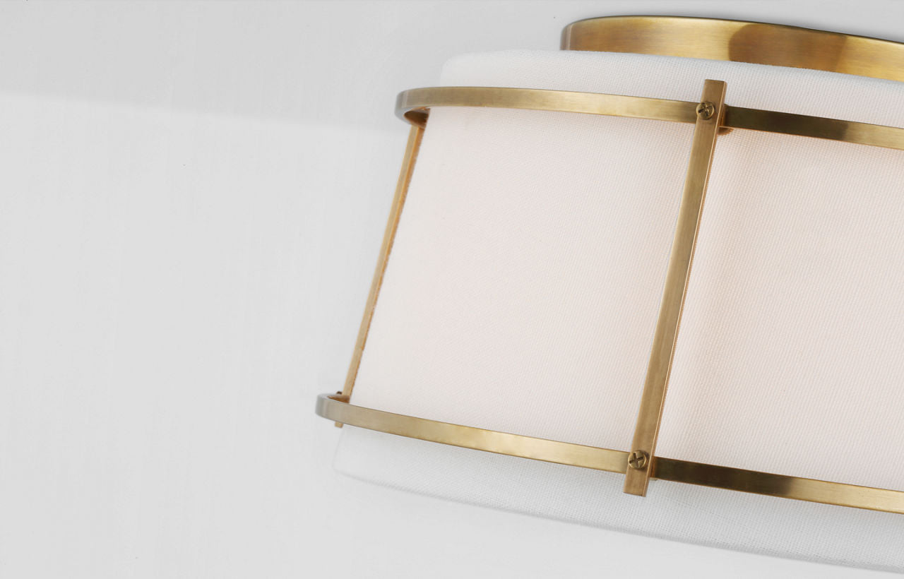 Callaway Small Flush Mount | Hand-Rubbed Antique Brass | Linen Shade and Frosted Acrylic Diffuser