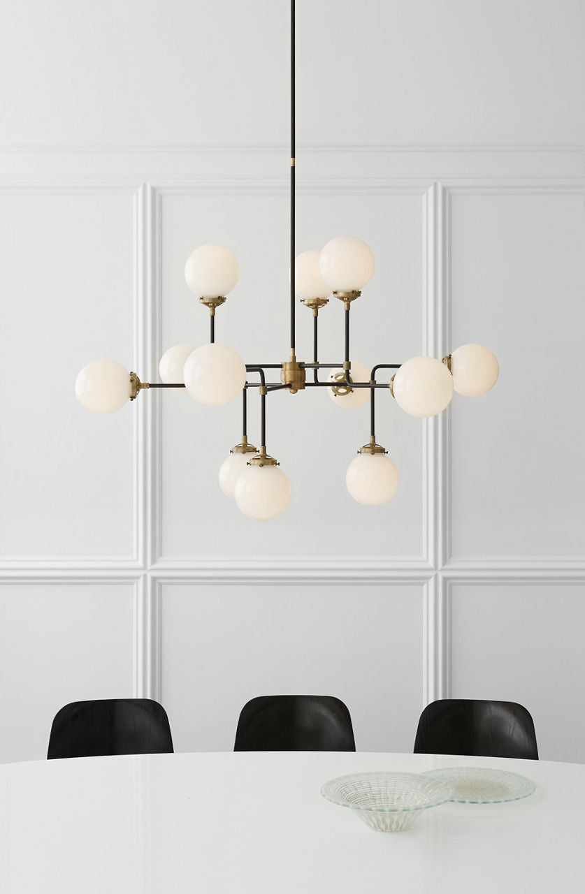 Bistro Medium Chandelier | Hand-Rubbed Antique Brass | White Glass