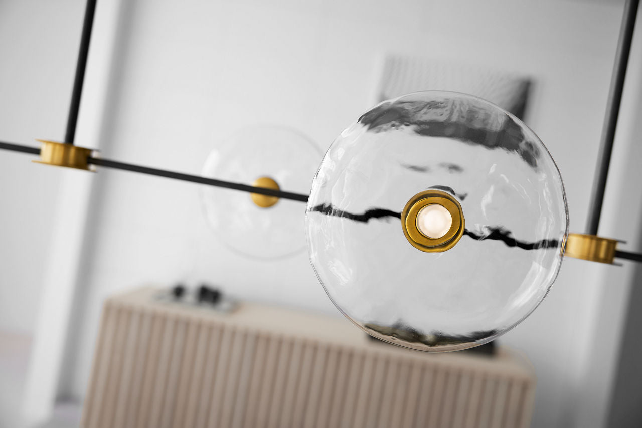 Calvino Large Linear Chandelier | Aged Iron and Hand-Rubbed Antique Brass | Clear Glass