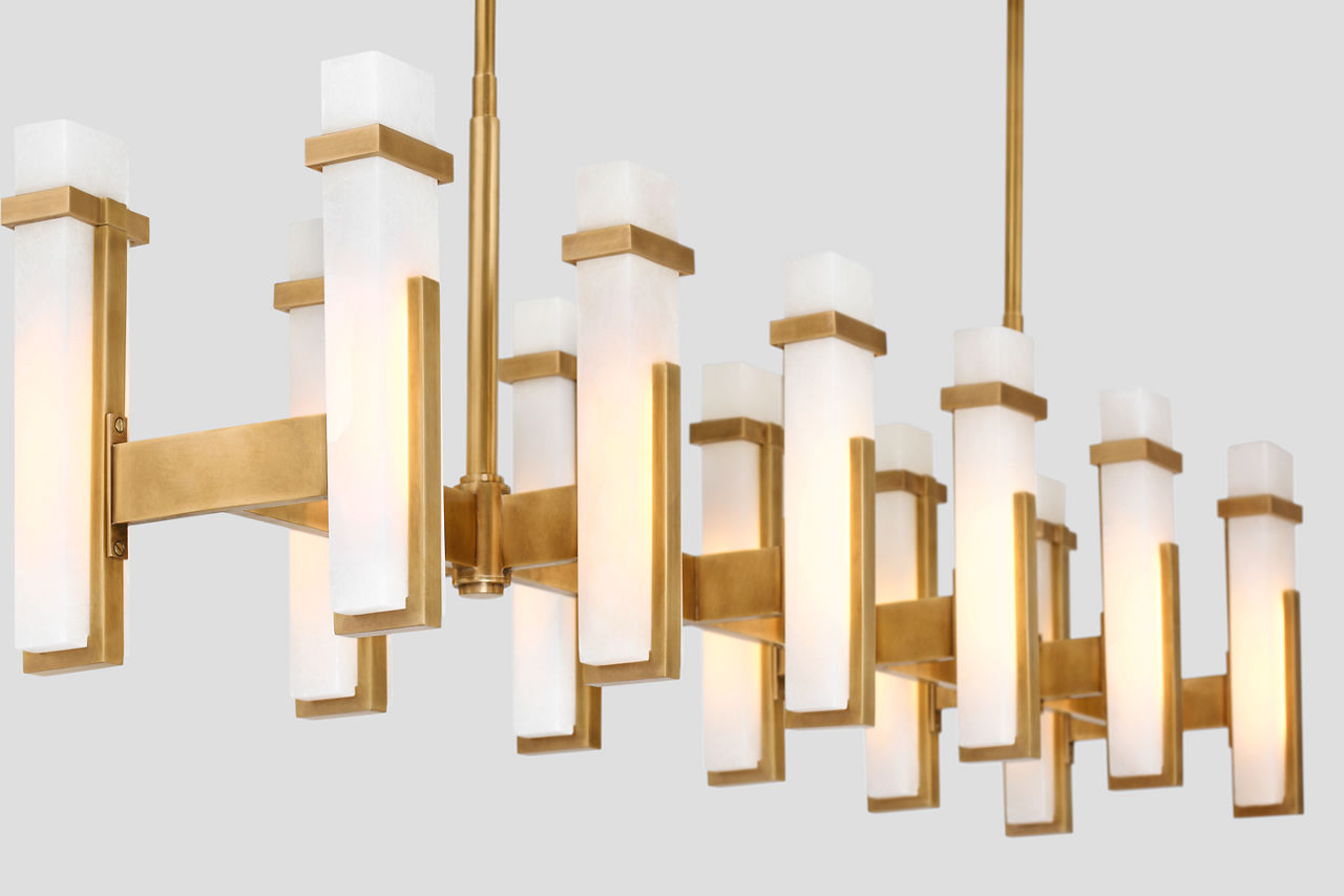 Malik Large Linear Chandelier | Hand-Rubbed Antique Brass | Alabaster