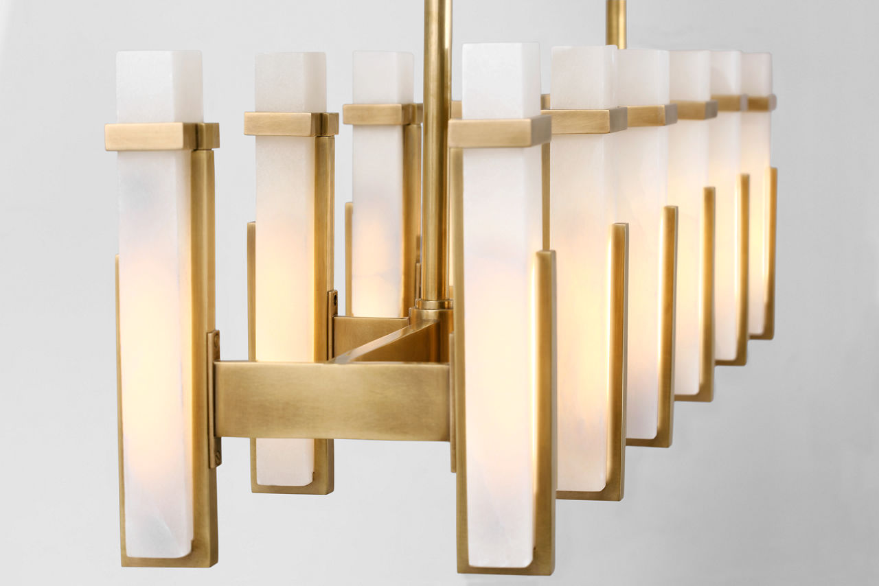Malik Large Linear Chandelier | Hand-Rubbed Antique Brass | Alabaster