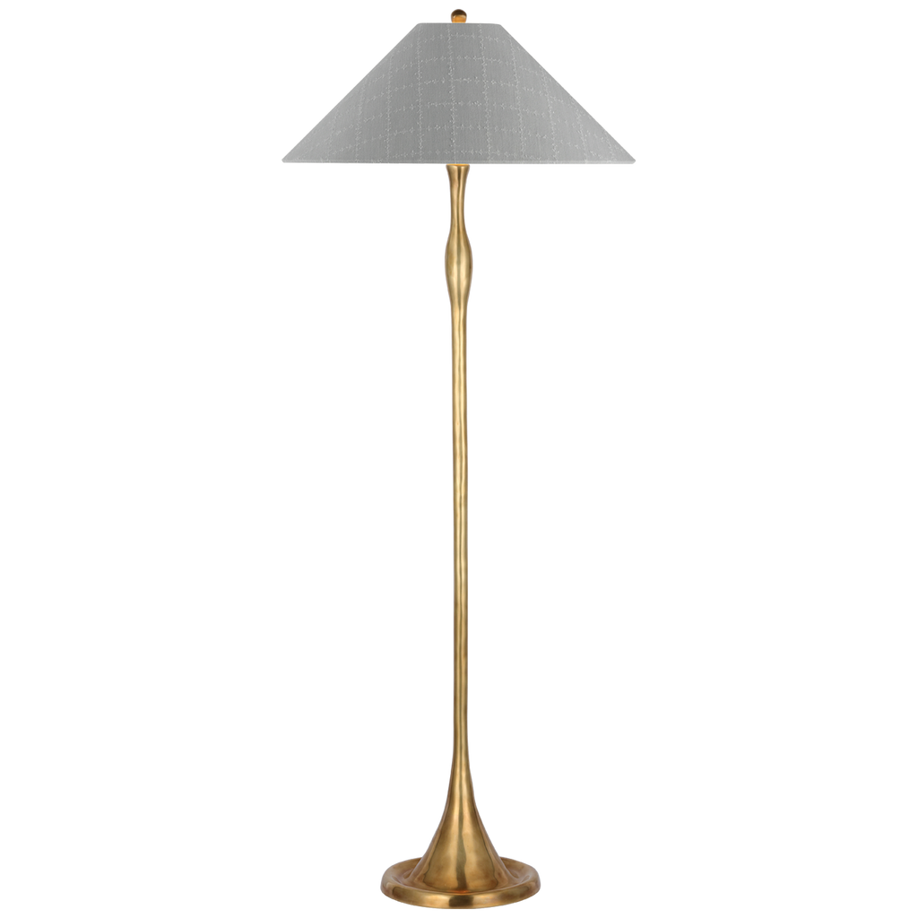 Romero Medium Floor Lamp | Hand-Rubbed Antique Brass | Schumacher 21" Sky Elin Check Flare Shade