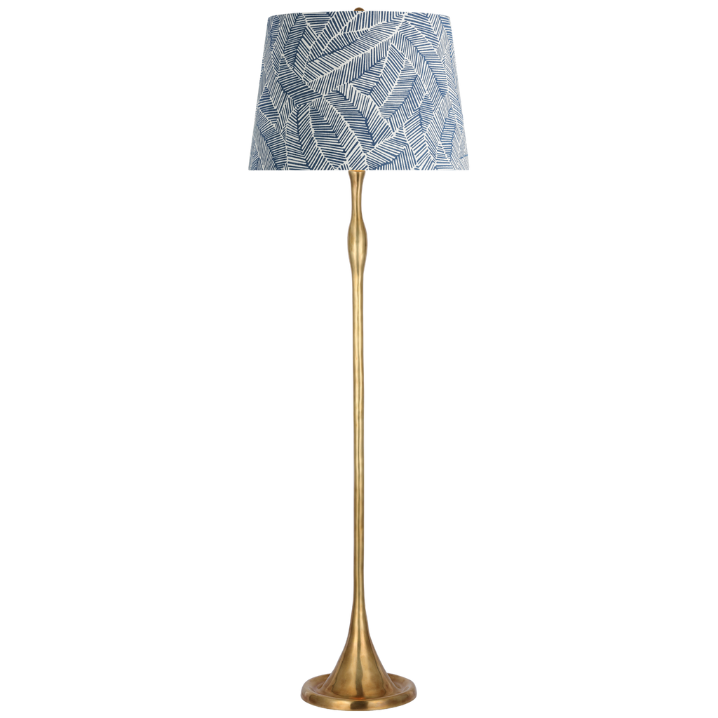 Romero Medium Floor Lamp | Hand-Rubbed Antique Brass | Schumacher 18" Navy Abstract Leaf Empire Shade