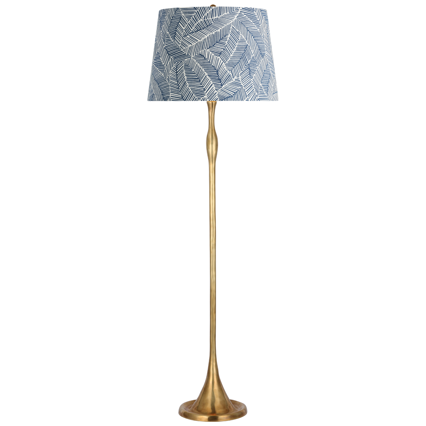 Romero Medium Floor Lamp | Hand-Rubbed Antique Brass | Schumacher 18" Navy Abstract Leaf Empire Shade