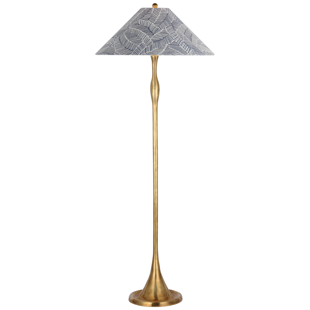 Romero Medium Floor Lamp | Hand-Rubbed Antique Brass | Schumacher 21" Navy Abstract Leaf Flare Shade