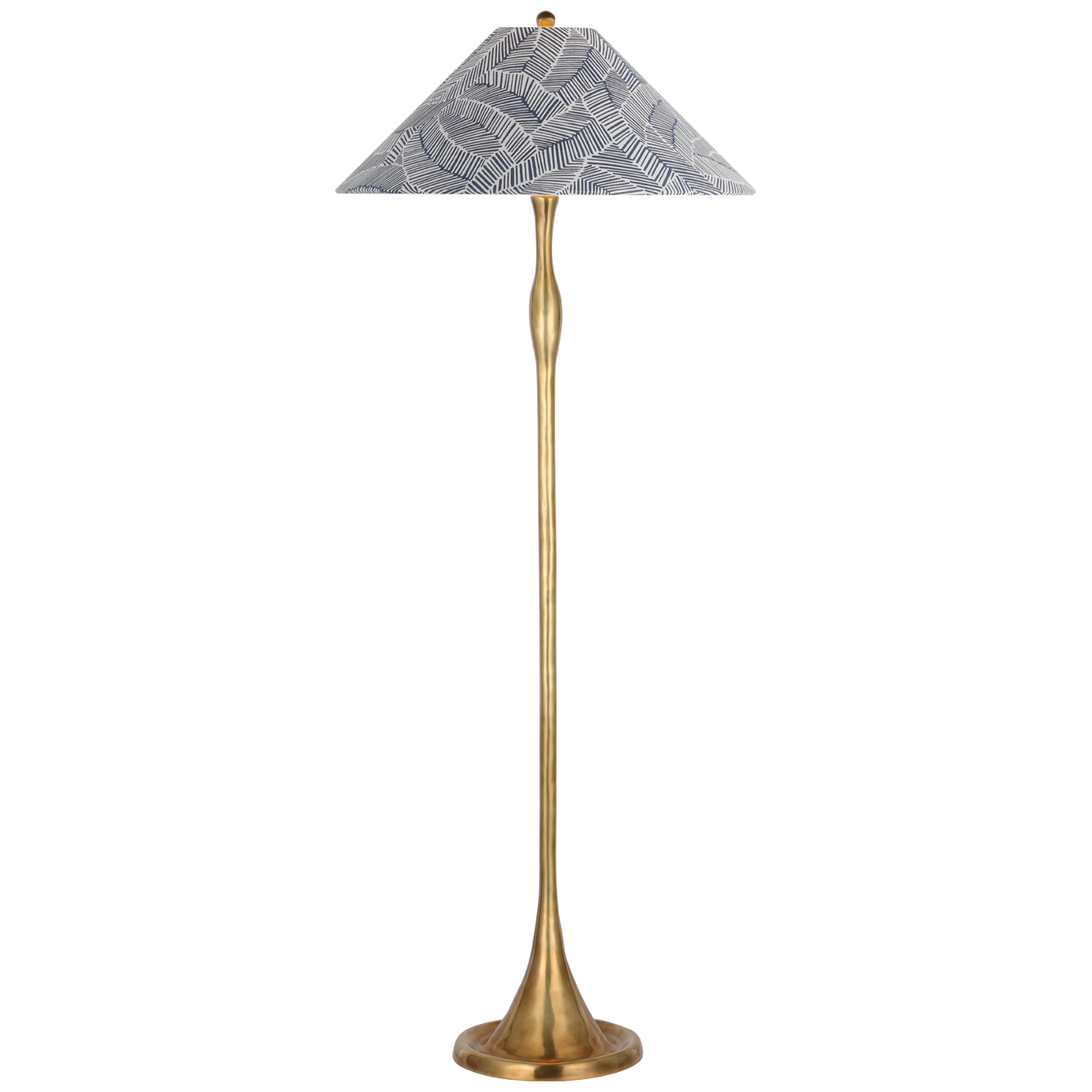 Romero Medium Floor Lamp | Hand-Rubbed Antique Brass | Schumacher 21" Navy Abstract Leaf Flare Shade