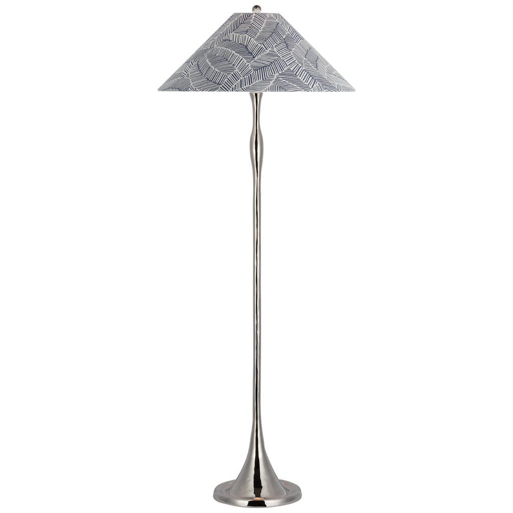 Romero Medium Floor Lamp | Polished Nickel | Schumacher 21" Navy Abstract Leaf Flare Shade