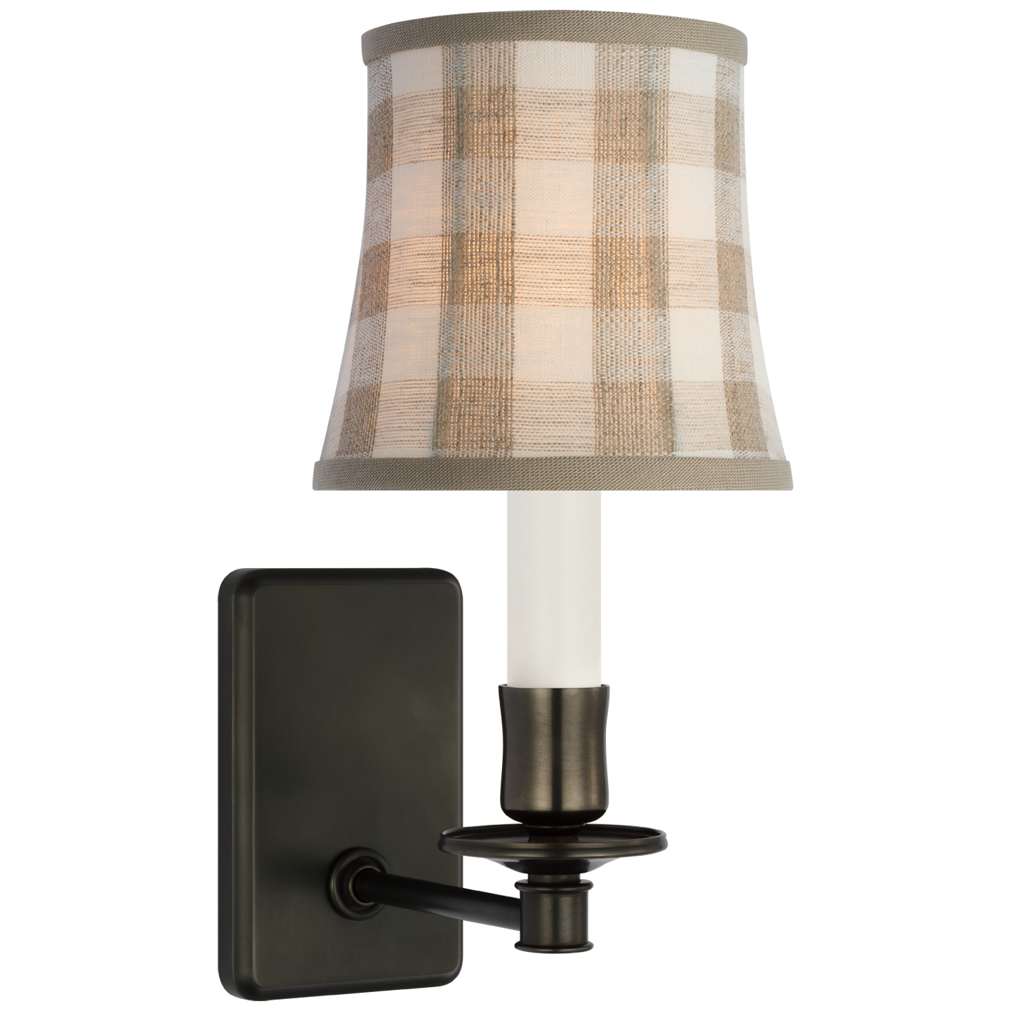 Tara 12" Sconce | Bronze | Schumacher Natural Sidney Check Soft Empire Shade