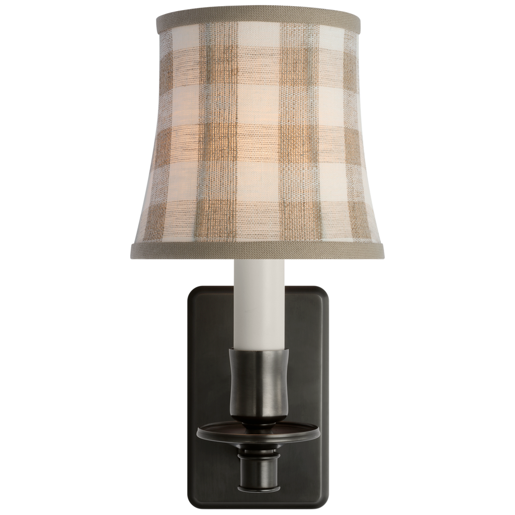 Tara 12" Sconce | Bronze | Schumacher Natural Sidney Check Soft Empire Shade