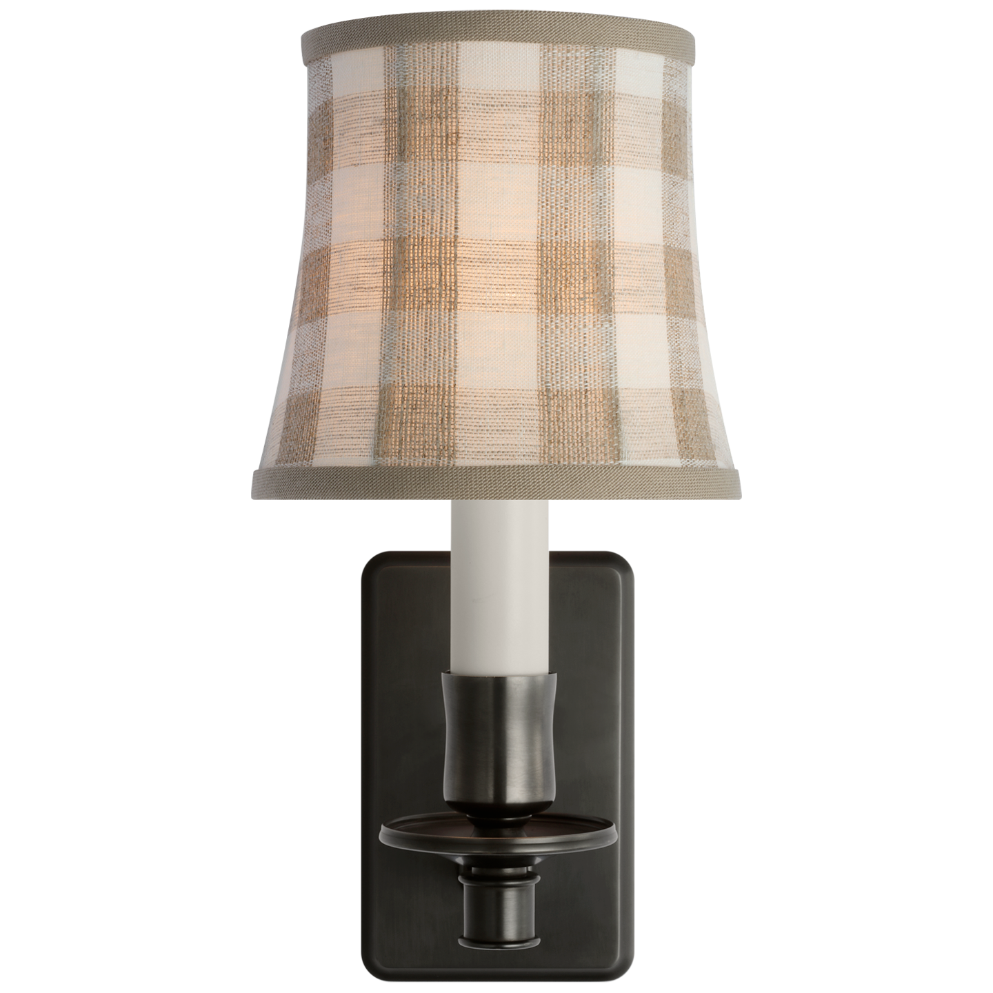 Tara 12" Sconce | Bronze | Schumacher Natural Sidney Check Soft Empire Shade