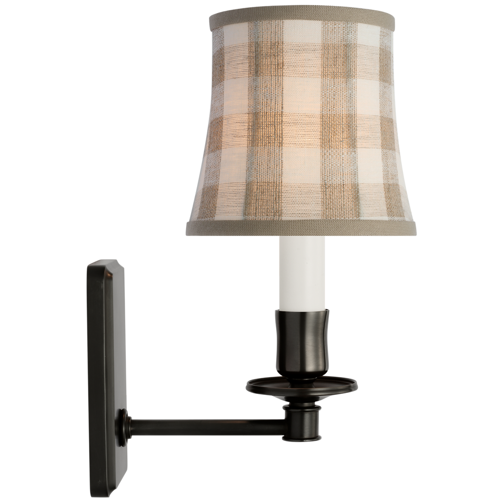 Tara 12" Sconce | Bronze | Schumacher Natural Sidney Check Soft Empire Shade