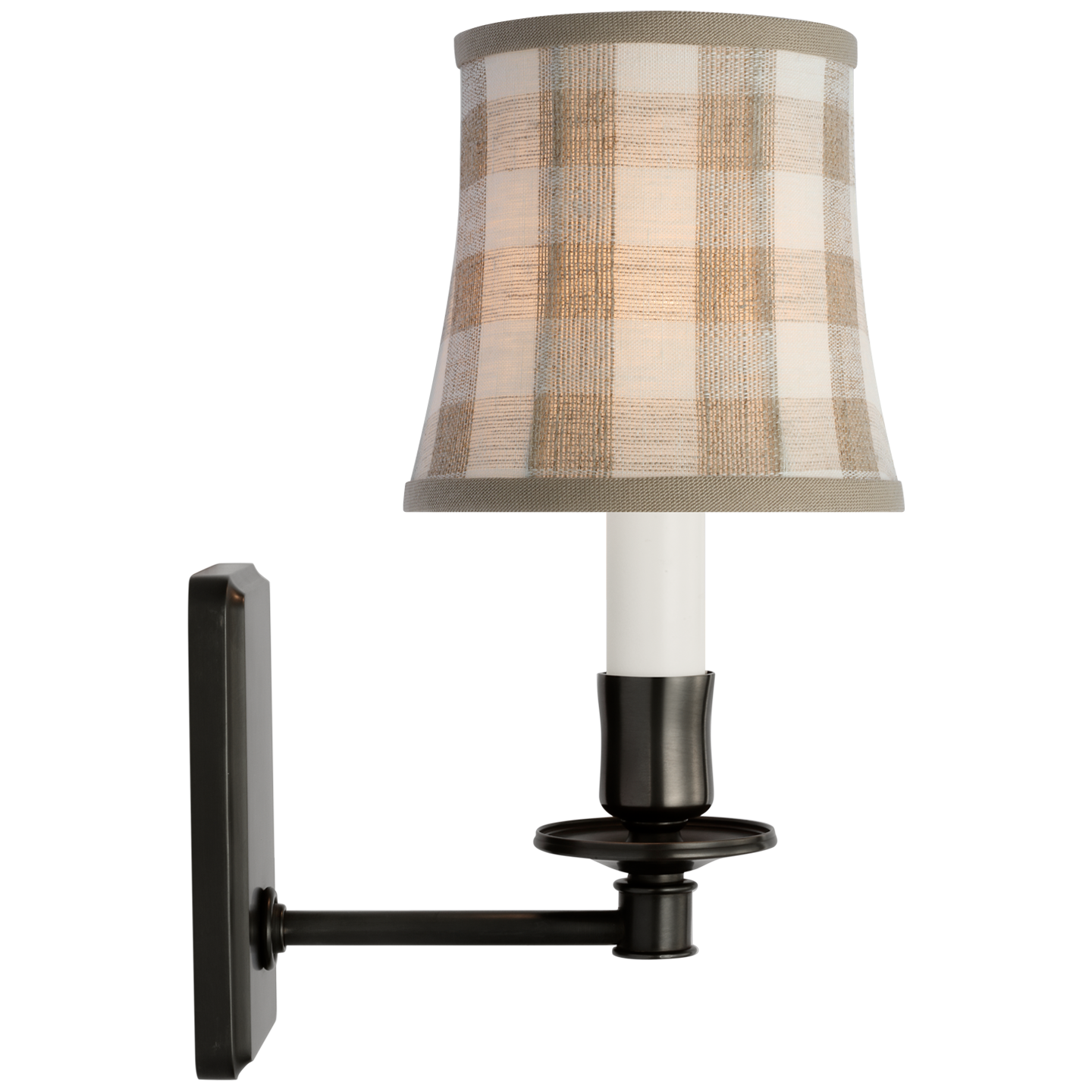 Tara 12" Sconce | Bronze | Schumacher Natural Sidney Check Soft Empire Shade