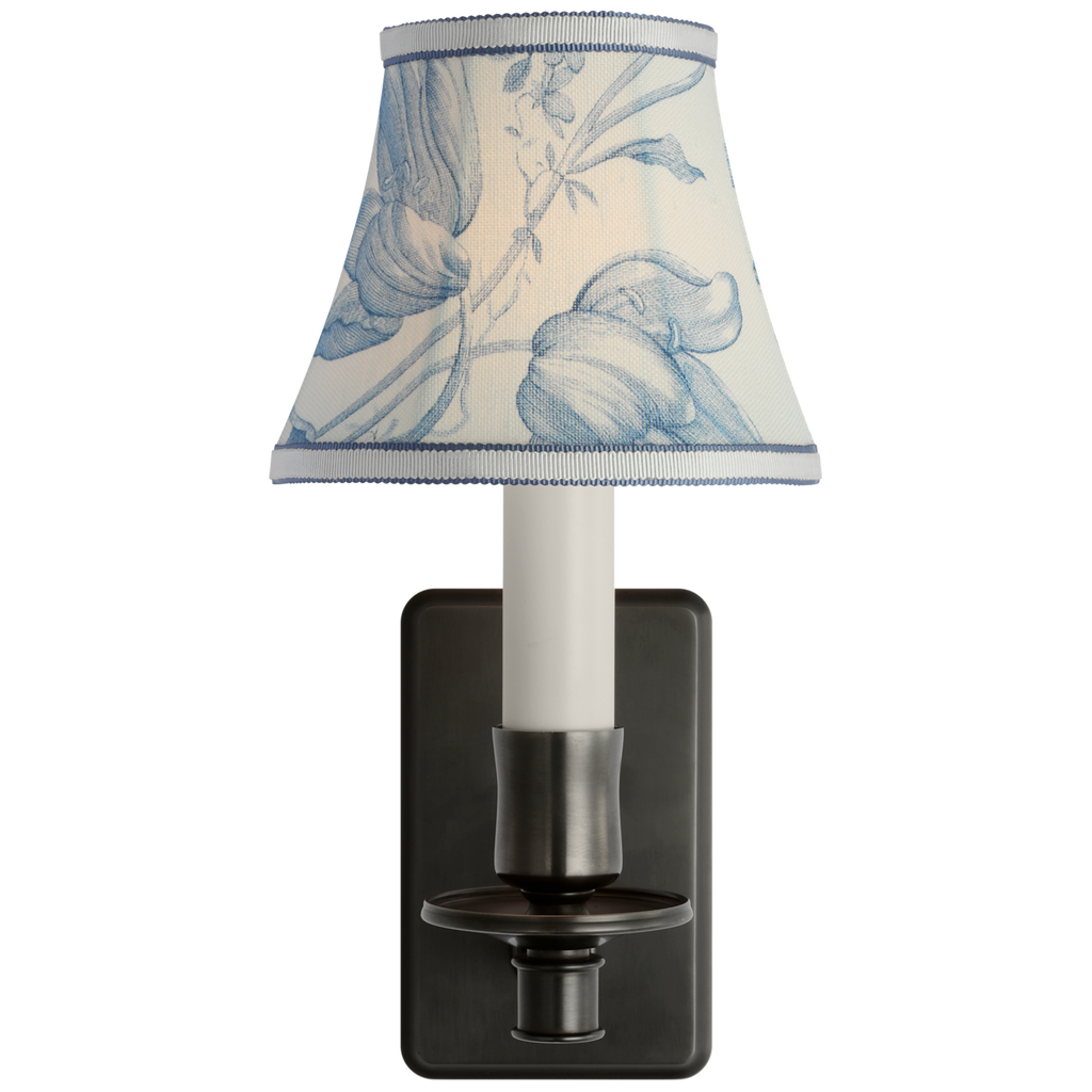Tara 11" Sconce | Bronze | Schumacher Delft Toile De Fleurs Bell Empire Shade