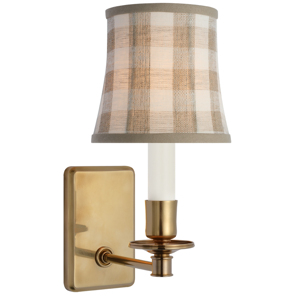 Tara 12" Sconce | Hand-Rubbed Antique Brass | Schumacher Natural Sidney Check Soft Empire Shade
