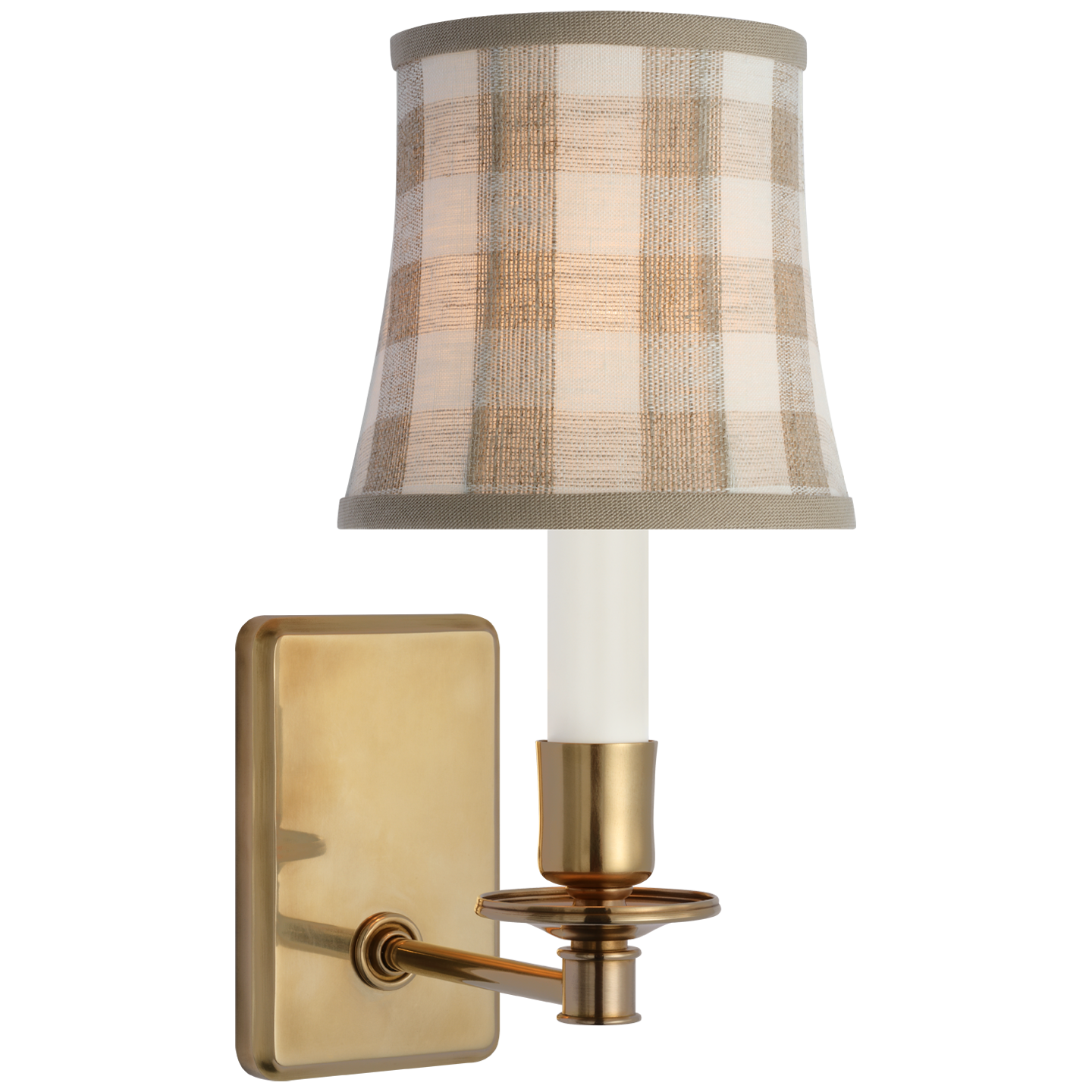 Tara 12" Sconce | Hand-Rubbed Antique Brass | Schumacher Natural Sidney Check Soft Empire Shade