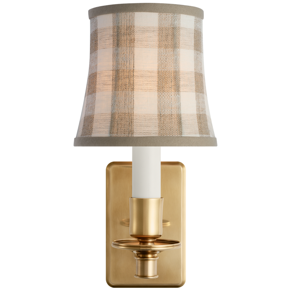 Tara 12" Sconce | Hand-Rubbed Antique Brass | Schumacher Natural Sidney Check Soft Empire Shade