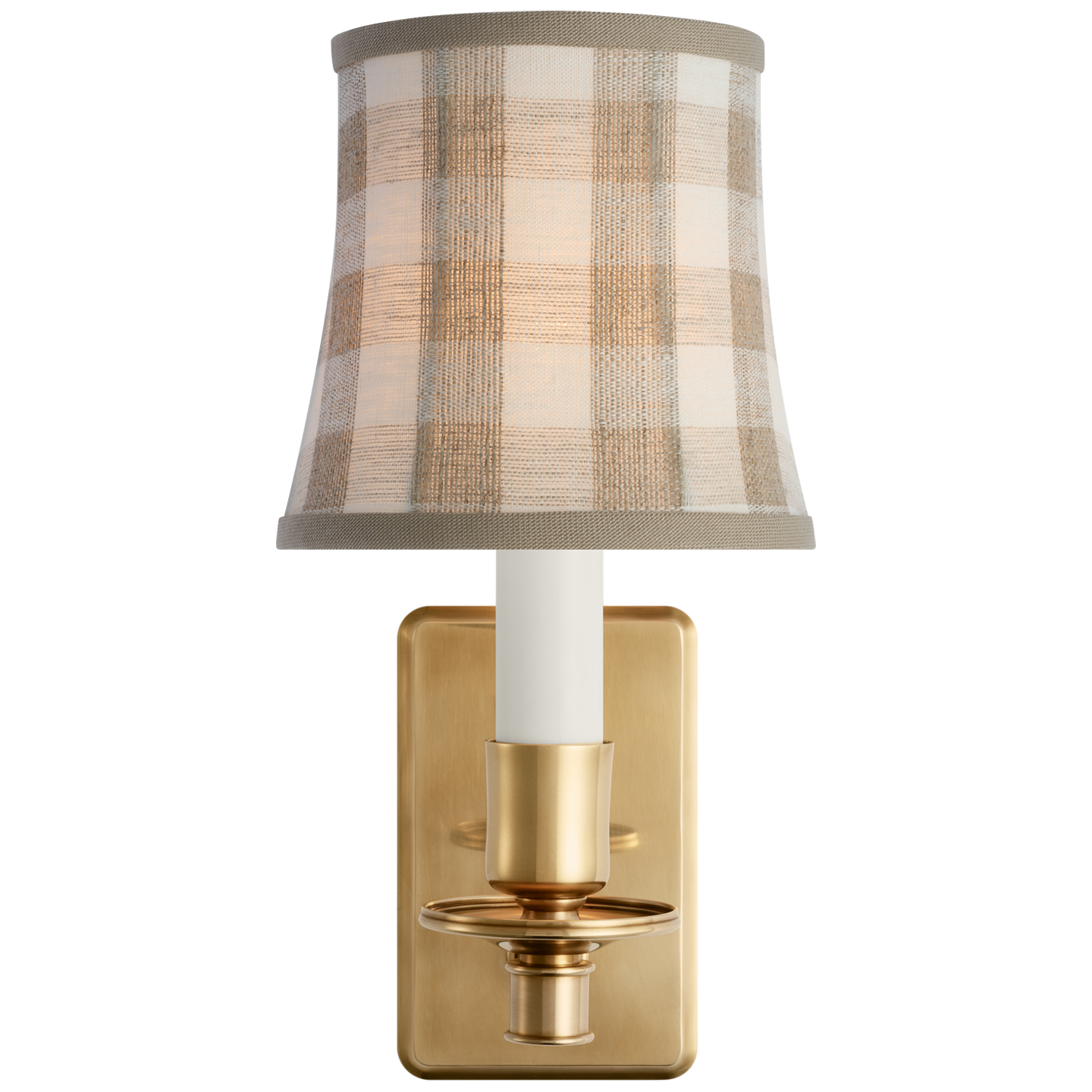 Tara 12" Sconce | Hand-Rubbed Antique Brass | Schumacher Natural Sidney Check Soft Empire Shade