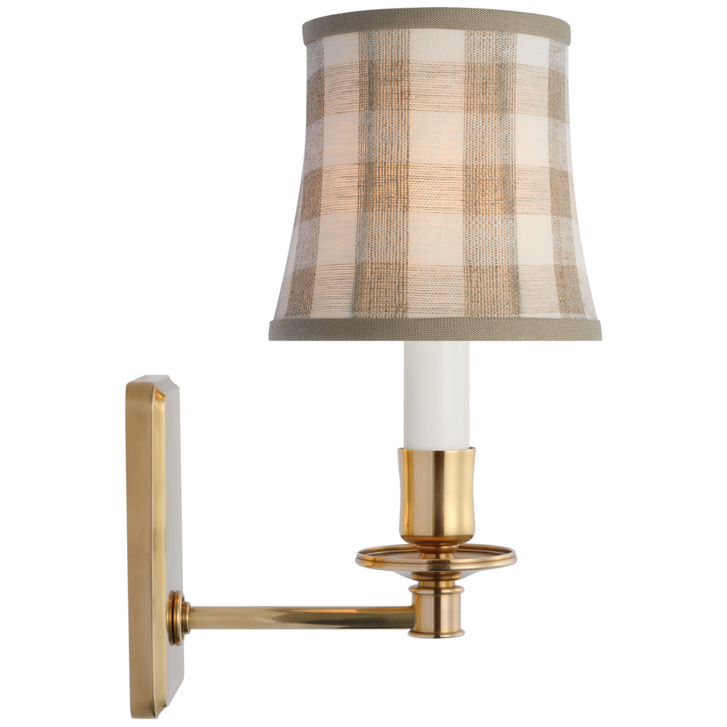 Tara 12" Sconce | Hand-Rubbed Antique Brass | Schumacher Natural Sidney Check Soft Empire Shade