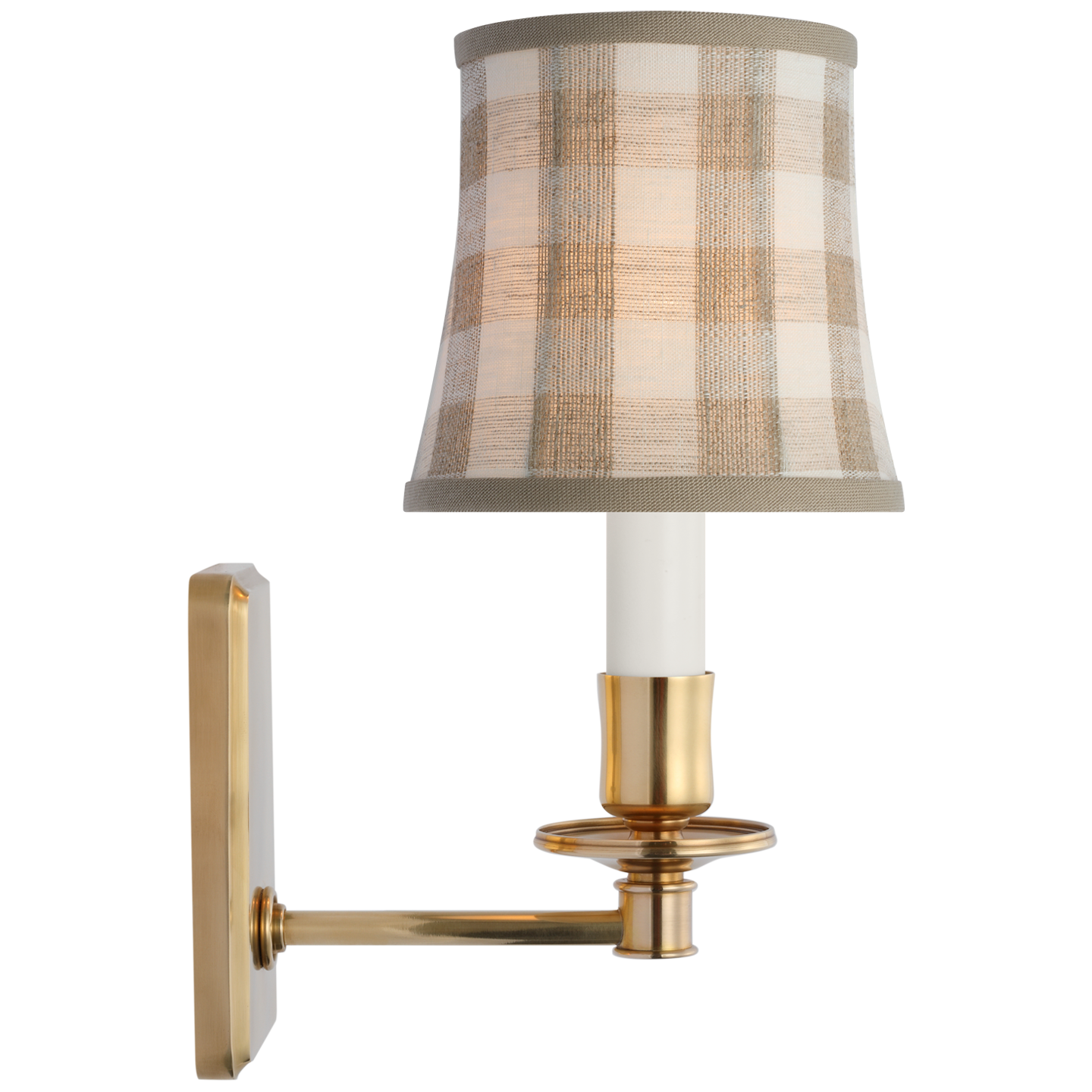Tara 12" Sconce | Hand-Rubbed Antique Brass | Schumacher Natural Sidney Check Soft Empire Shade