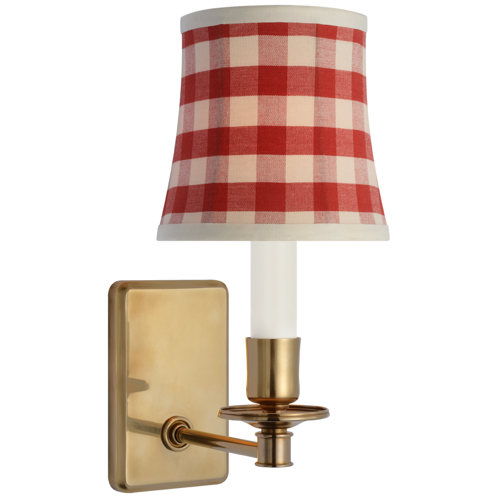 Tara 12" Sconce | Hand-Rubbed Antique Brass | Schumacher Red Elton Check Soft Empire Shade
