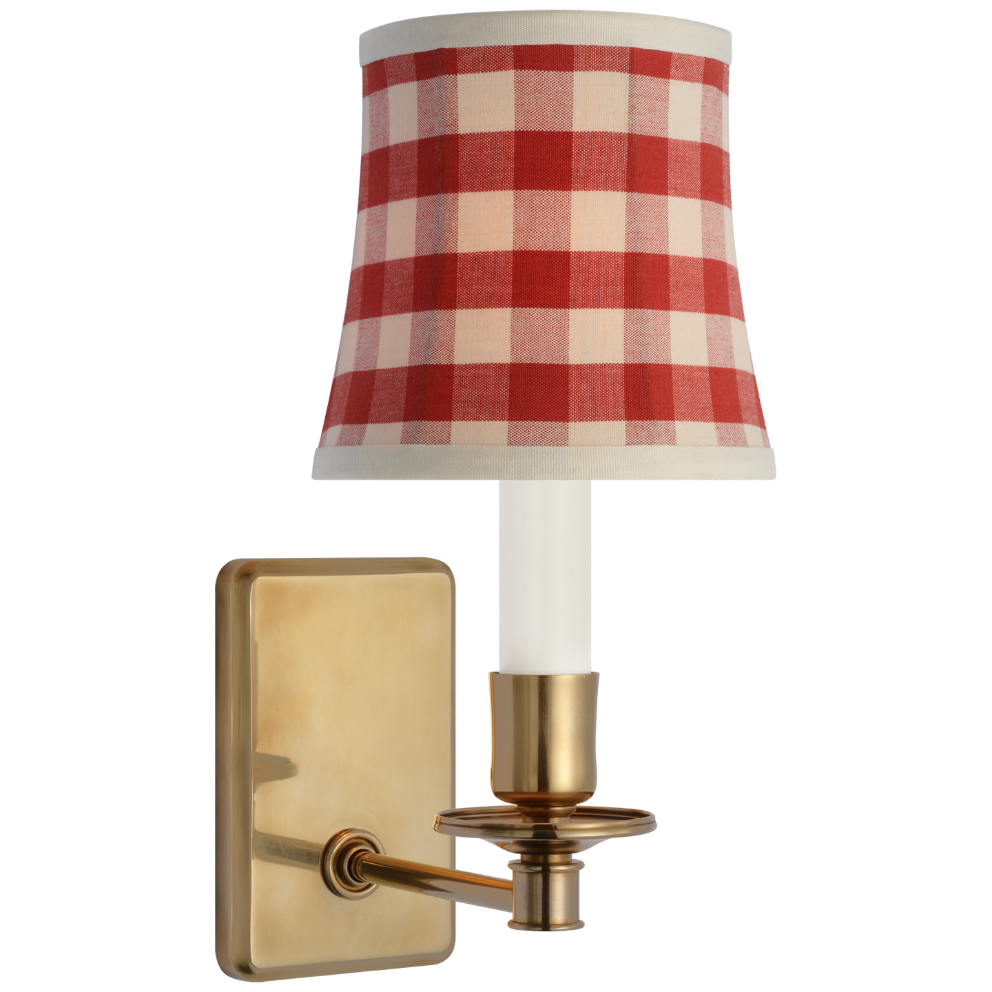 Tara 12" Sconce | Hand-Rubbed Antique Brass | Schumacher Red Elton Check Soft Empire Shade