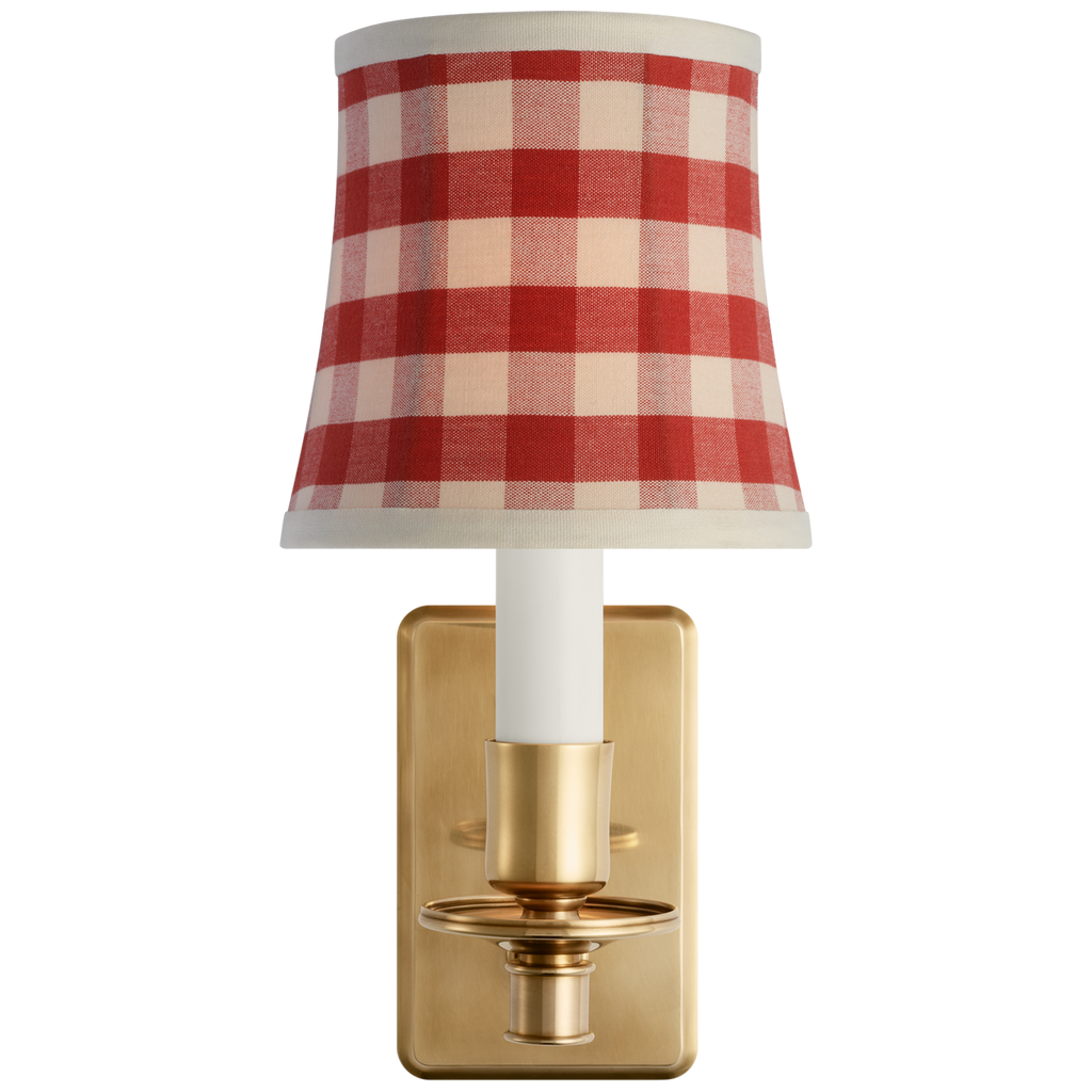 Tara 12" Sconce | Hand-Rubbed Antique Brass | Schumacher Red Elton Check Soft Empire Shade