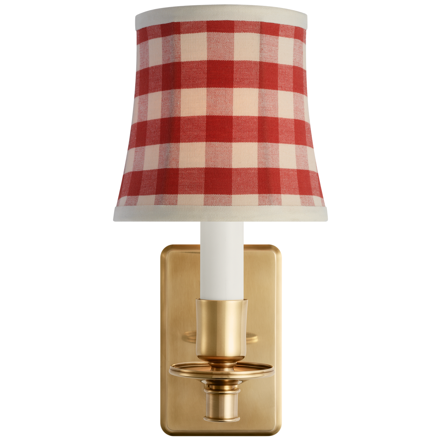 Tara 12" Sconce | Hand-Rubbed Antique Brass | Schumacher Red Elton Check Soft Empire Shade