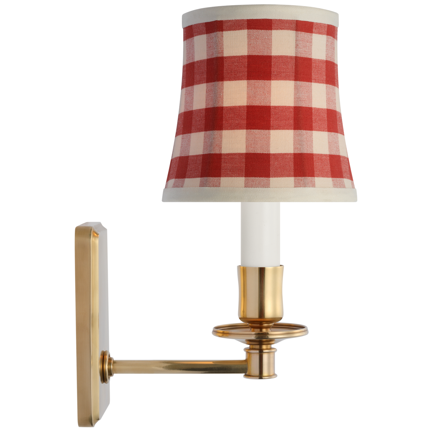 Tara 12" Sconce | Hand-Rubbed Antique Brass | Schumacher Red Elton Check Soft Empire Shade