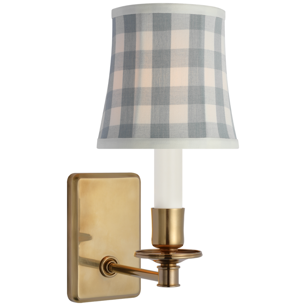 Tara 12" Sconce | Hand-Rubbed Antique Brass | Schumacher Sky Elton Check Soft Empire Shade