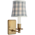 Tara 12" Sconce | Hand-Rubbed Antique Brass | Schumacher Sky Elton Check Soft Empire Shade