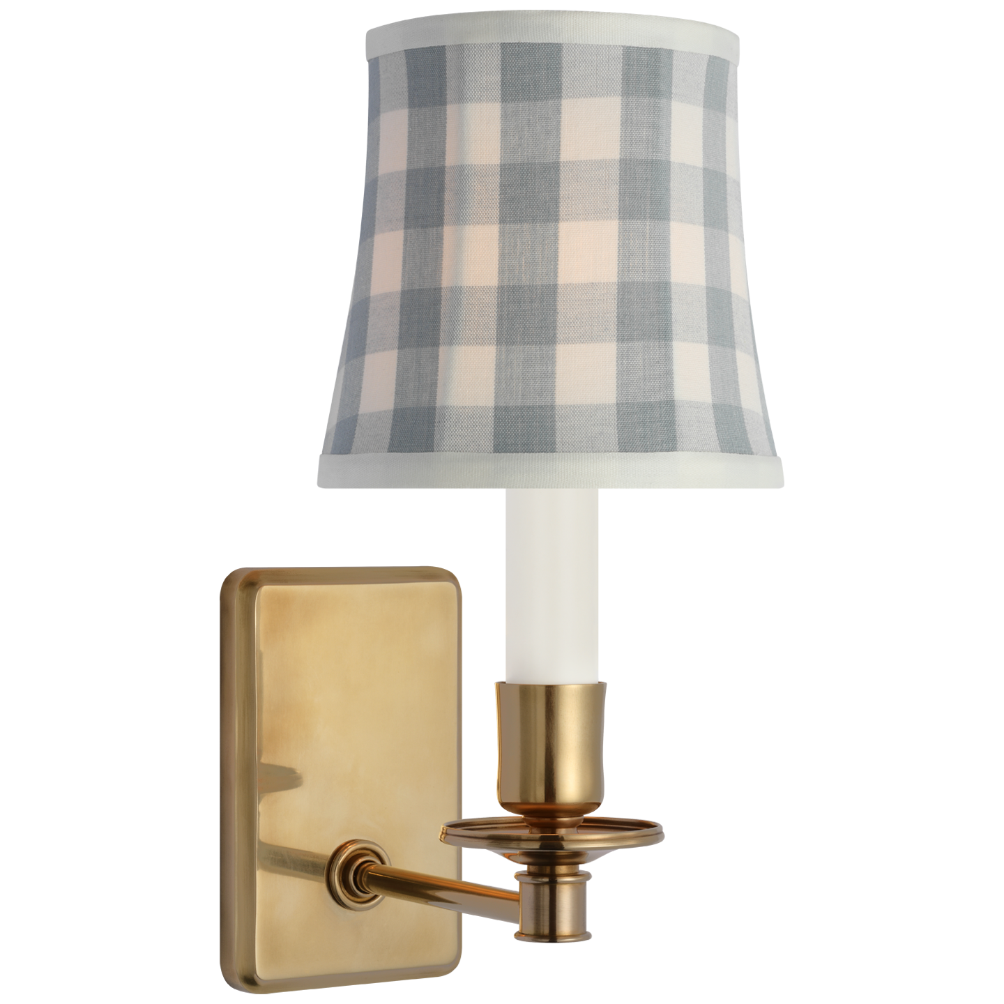 Tara 12" Sconce | Hand-Rubbed Antique Brass | Schumacher Sky Elton Check Soft Empire Shade