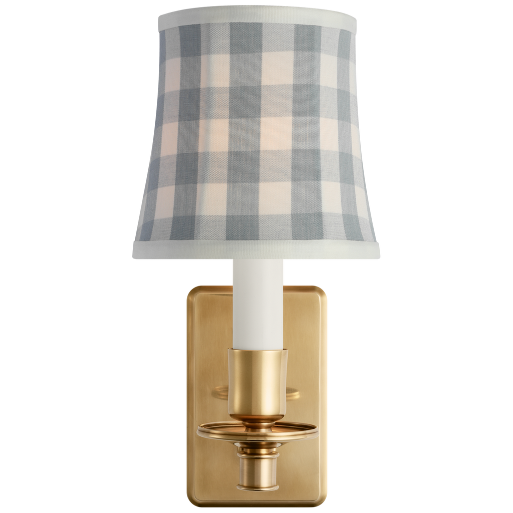 Tara 12" Sconce | Hand-Rubbed Antique Brass | Schumacher Sky Elton Check Soft Empire Shade